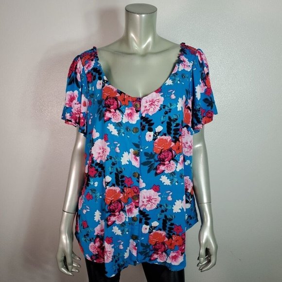 Torrid Rayon Slub Button Front Flutter Sleeve Top Plus Size 1X Short Sleeve Blue - Picture 2 of 6